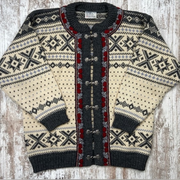 Voss of Norway Sweaters - VOSS Norlender Cardigan Sweater M Hand-Knit Pure Wool White Gray Red Fair Isle